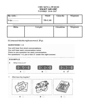 2 Đề kiểm tra môn Tiếng Anh Lớp 7 (Thí điểm) - Năm học 2016-2017 - Trường TH Tả Văn